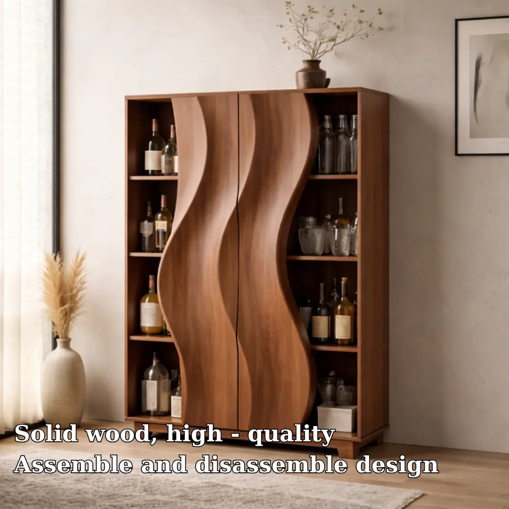 Solid Wood Bar Cabinet with Sculpted Wave Doors and Open Bottle Storage Kitchnce