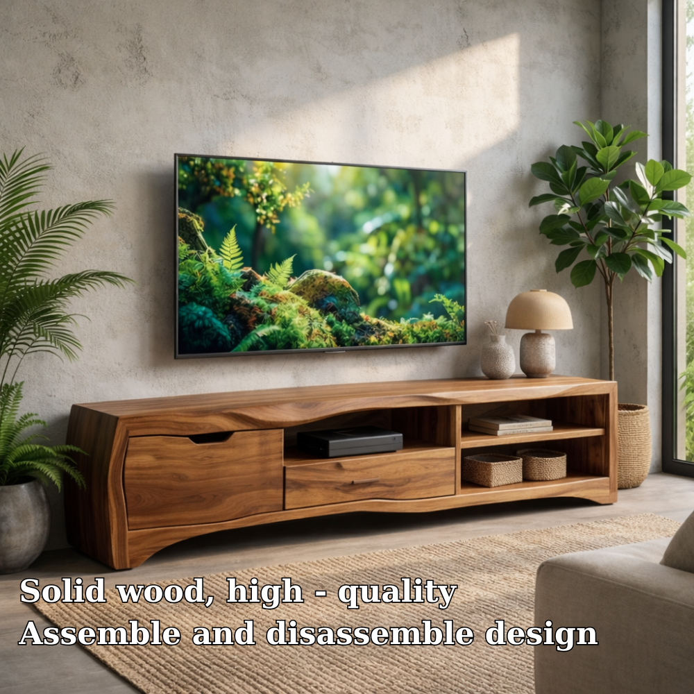Modern Solid Wood TV Stand with Storage Drawers and Open Shelves – Living Room Media Console Kitchnce