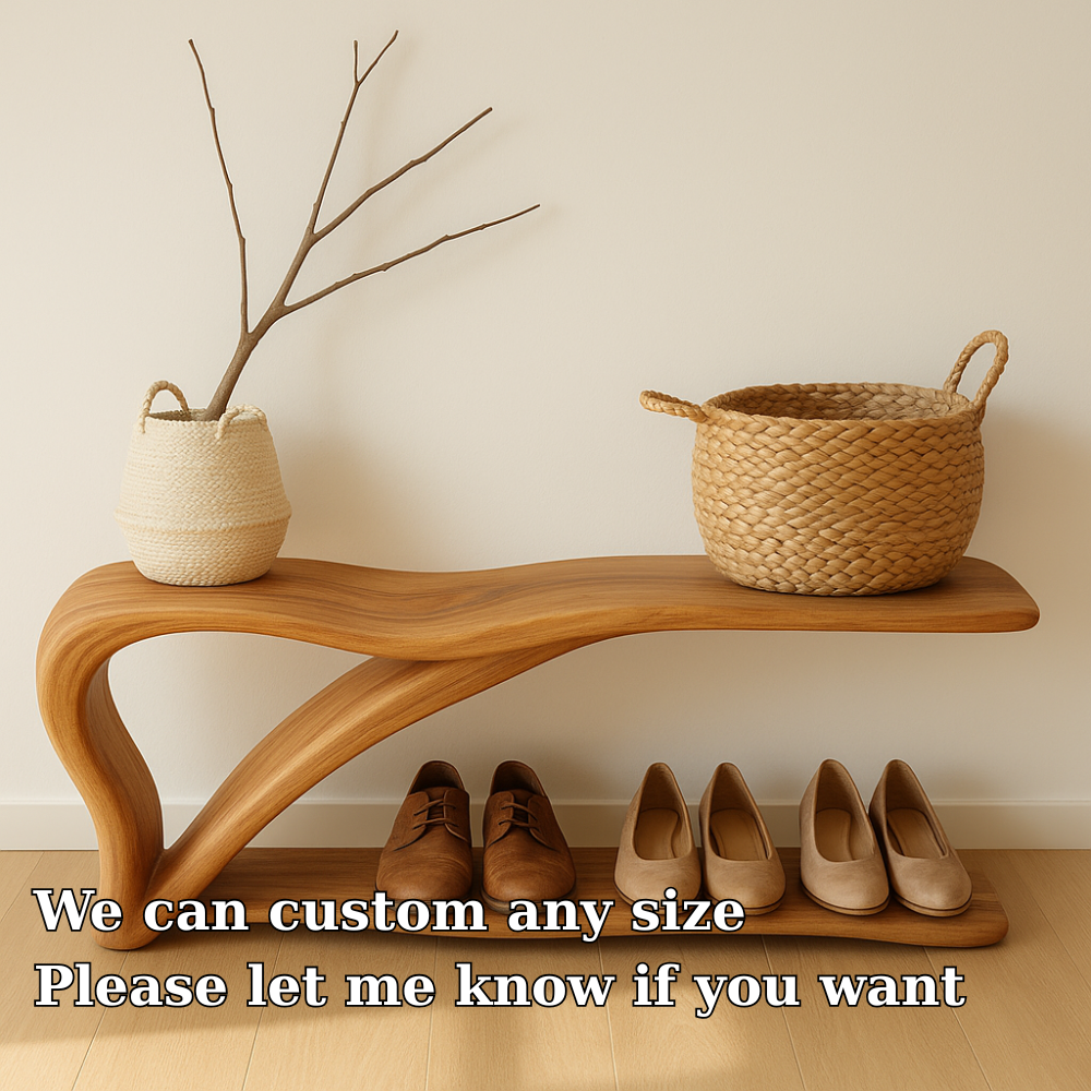 Sculptural Wooden Shoe Storage Bench – Solid Wood Entryway Bench with Shelf Kitchnce