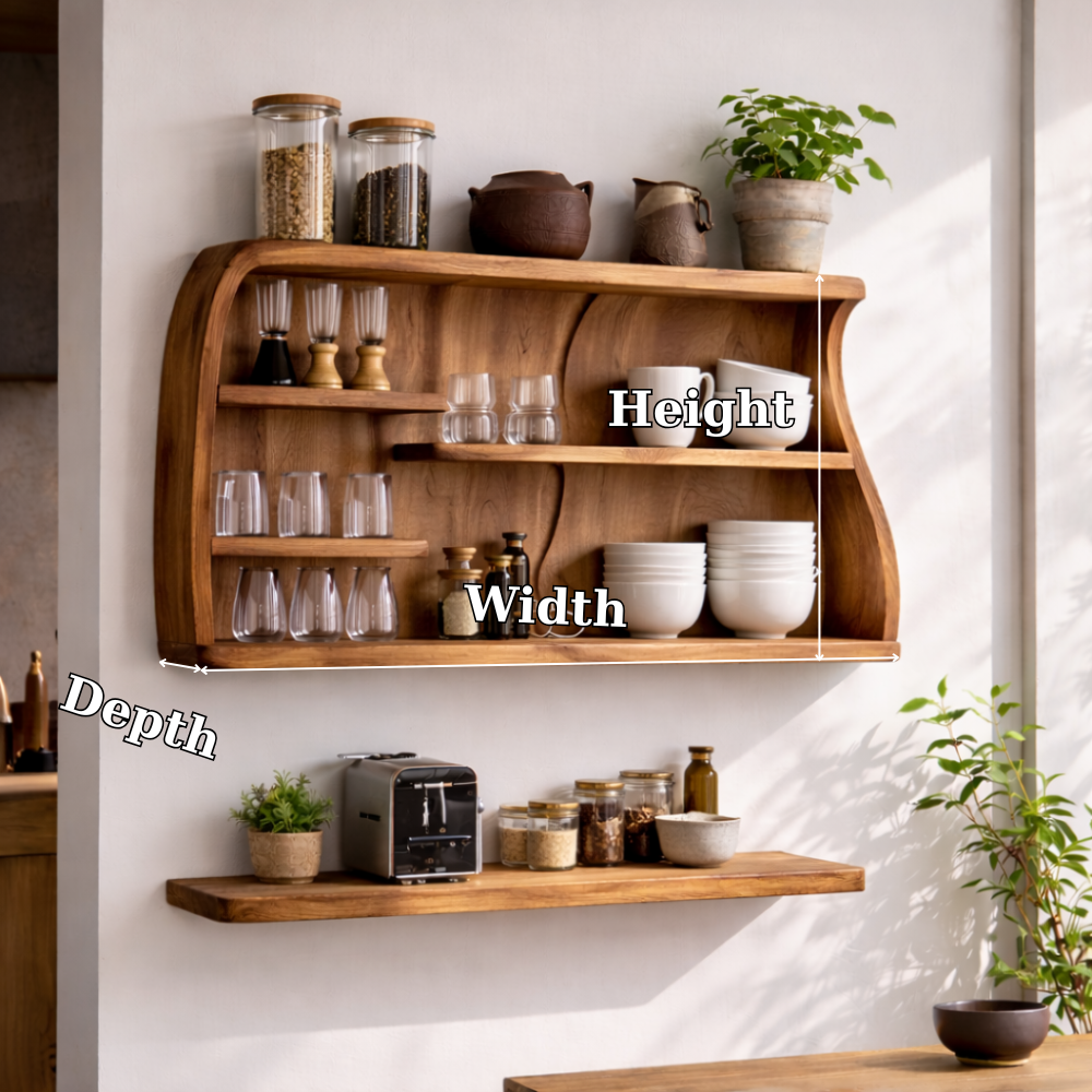 Solid Wood Kitchen Cabinet Shelf – Wall Mounted Open Storage with Natural Wood Grain