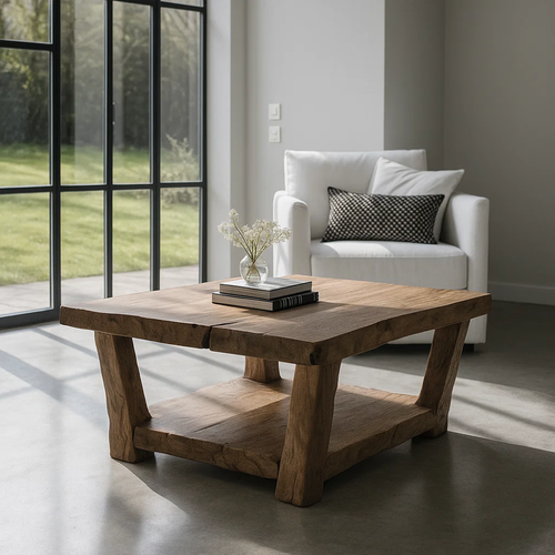 Handcrafted Solid Wood Coffee Table – Rustic Square Design with Natural Live Edge Finish Kitchnce