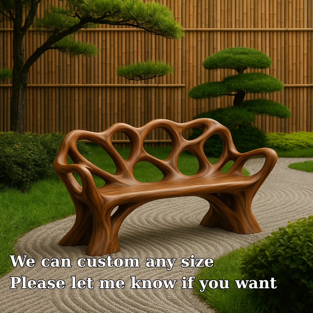 Handcrafted Solid Wood Bench with Backrest – Artistic Organic Design for Garden or Patio Kitchnce