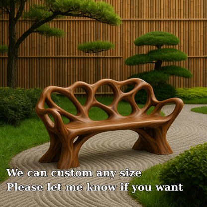 Handcrafted Solid Wood Bench with Backrest – Artistic Organic Design for Garden or Patio Kitchnce