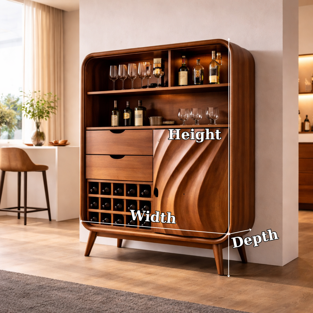 Solid Wood Bar Cabinet with Wine Rack & Curved Frame – Mid Century Modern Liquor Cabinet