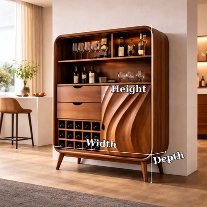 Solid Wood Bar Cabinet with Wine Rack & Curved Frame – Mid Century Modern Liquor Cabinet Kitchnce