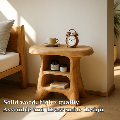Handcrafted Solid Wood Nightstand – Organic Curved Bedside Table with Open Storage Kitchnce