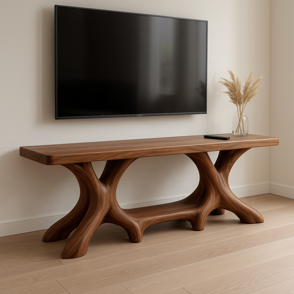 Handcrafted Solid Wood TV Stand – Modern Organic Furniture with Sculptural Curved Base Kitchnce