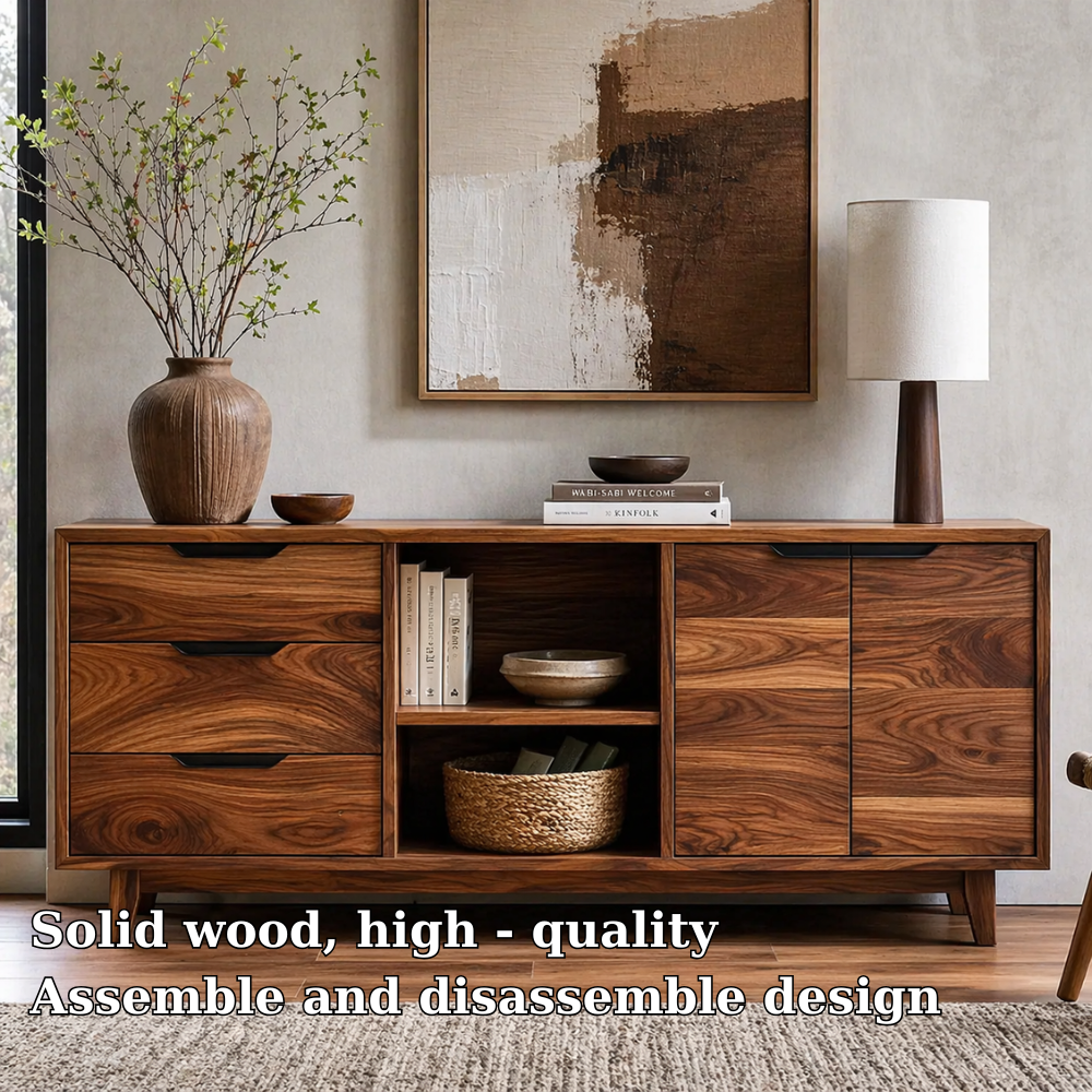 Modern Solid Wood Sideboard Cabinet with Drawers, Doors & Open Shelf Storage