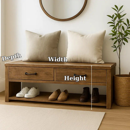 Handcrafted Solid Wood Bench – Rustic Walnut Entryway Shoe Bench with Drawers and Storage Shelf Kitchnce