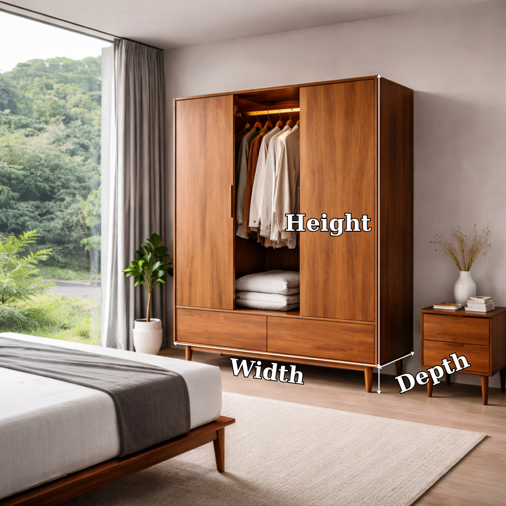 Solid Wood Wardrobe with Drawers – Mid Century Bedroom Closet