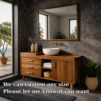 Solid Wood Bathroom Vanity Cabinet with Drawers & Shelf – Modern Walnut Bathroom Storage