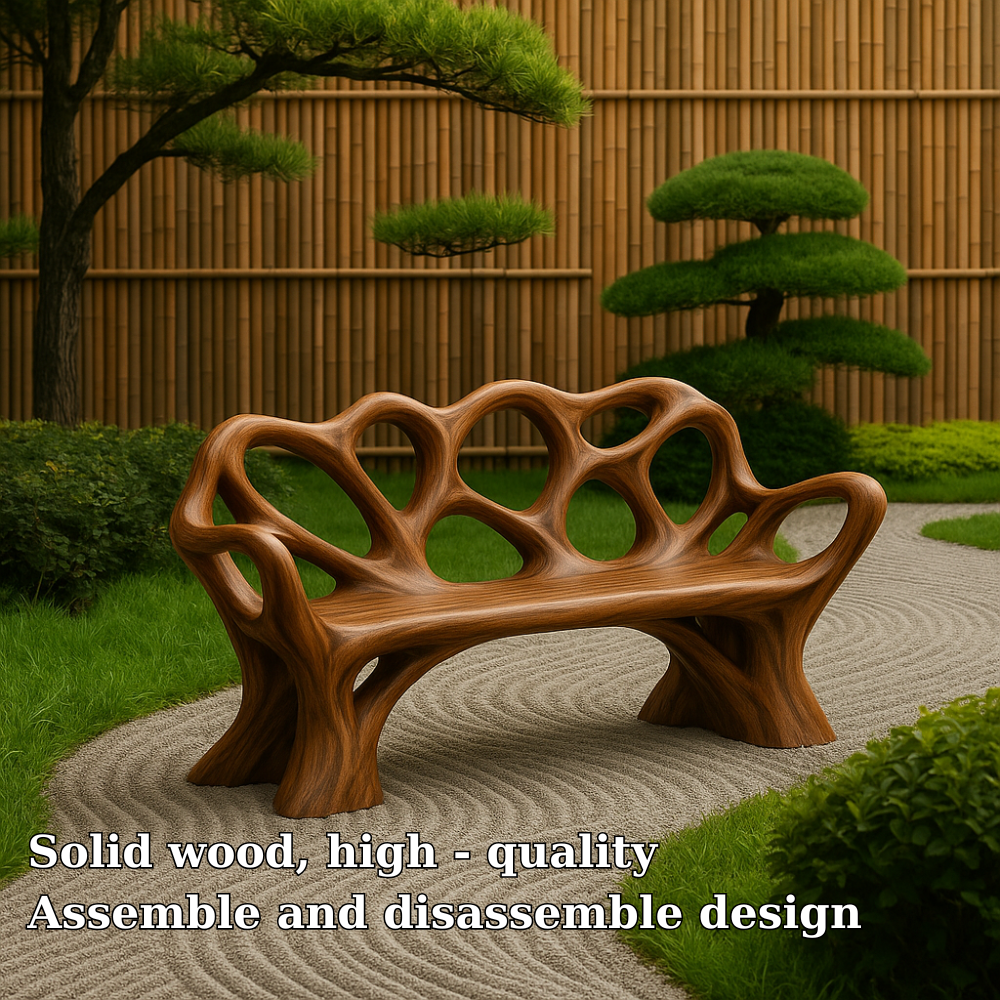 Handcrafted Solid Wood Bench with Backrest – Artistic Organic Design for Garden or Patio Kitchnce