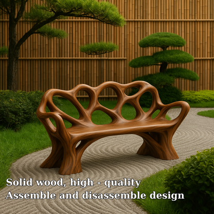 Handcrafted Solid Wood Bench with Backrest – Artistic Organic Design for Garden or Patio Kitchnce