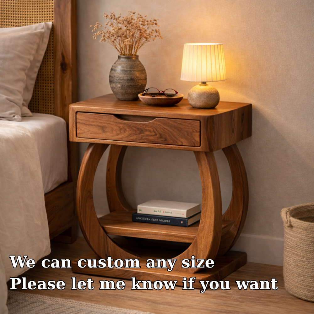 Solid Wood Nightstand with Drawer and Shelf – Modern Sculptural Bedside Table Kitchnce