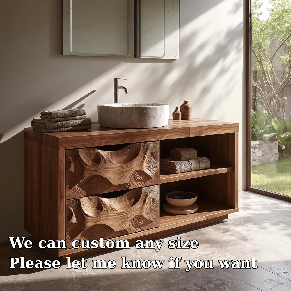 Carved Solid Wood Bathroom Vanity with Storage – Modern Wall-Mounted Unit