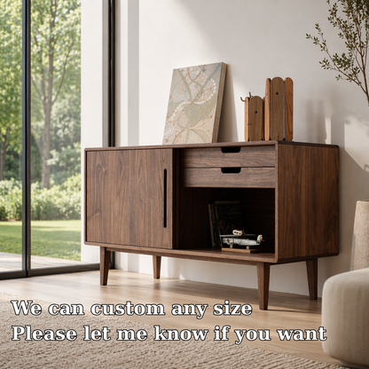 Solid Wood Console Sideboard with Open Shelf – Modern Walnut Storage Cabinet