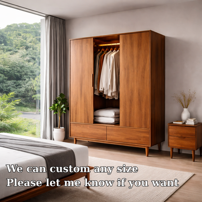Solid Wood Wardrobe with Drawers – Mid Century Bedroom Closet