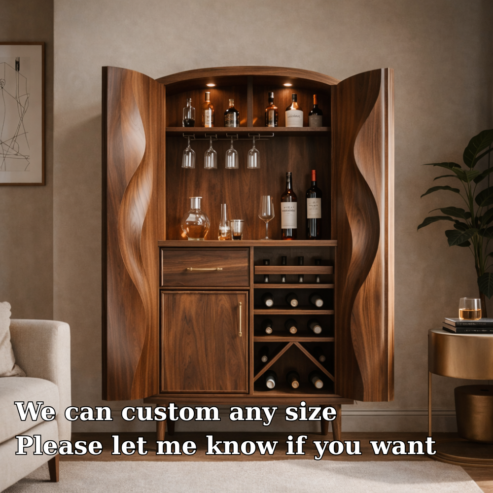 Solid Wood Bar Cabinet with Wine Storage, Glass Rack & Sculpted Wave Doors