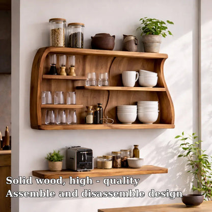 Solid Wood Kitchen Cabinet Shelf – Wall Mounted Open Storage with Natural Wood Grain Kitchnce