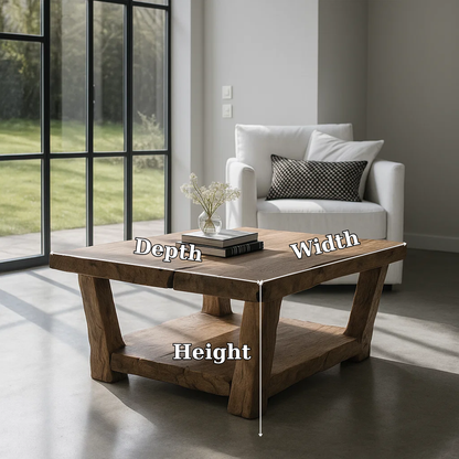 Handcrafted Solid Wood Coffee Table – Rustic Square Design with Natural Live Edge Finish Kitchnce