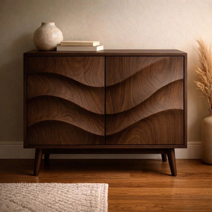 Wave-Design Solid Wood Console Cabinet - Mid-Century Modern Storage