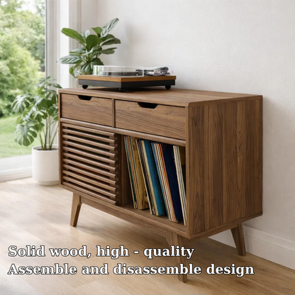 Mid Century Record Player Sideboard Cabinet with Slatted Door – Vinyl Storage Console