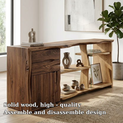 Live Edge Solid Wood Console Cabinet - Modern Rustic Sideboard with Glass Shelving