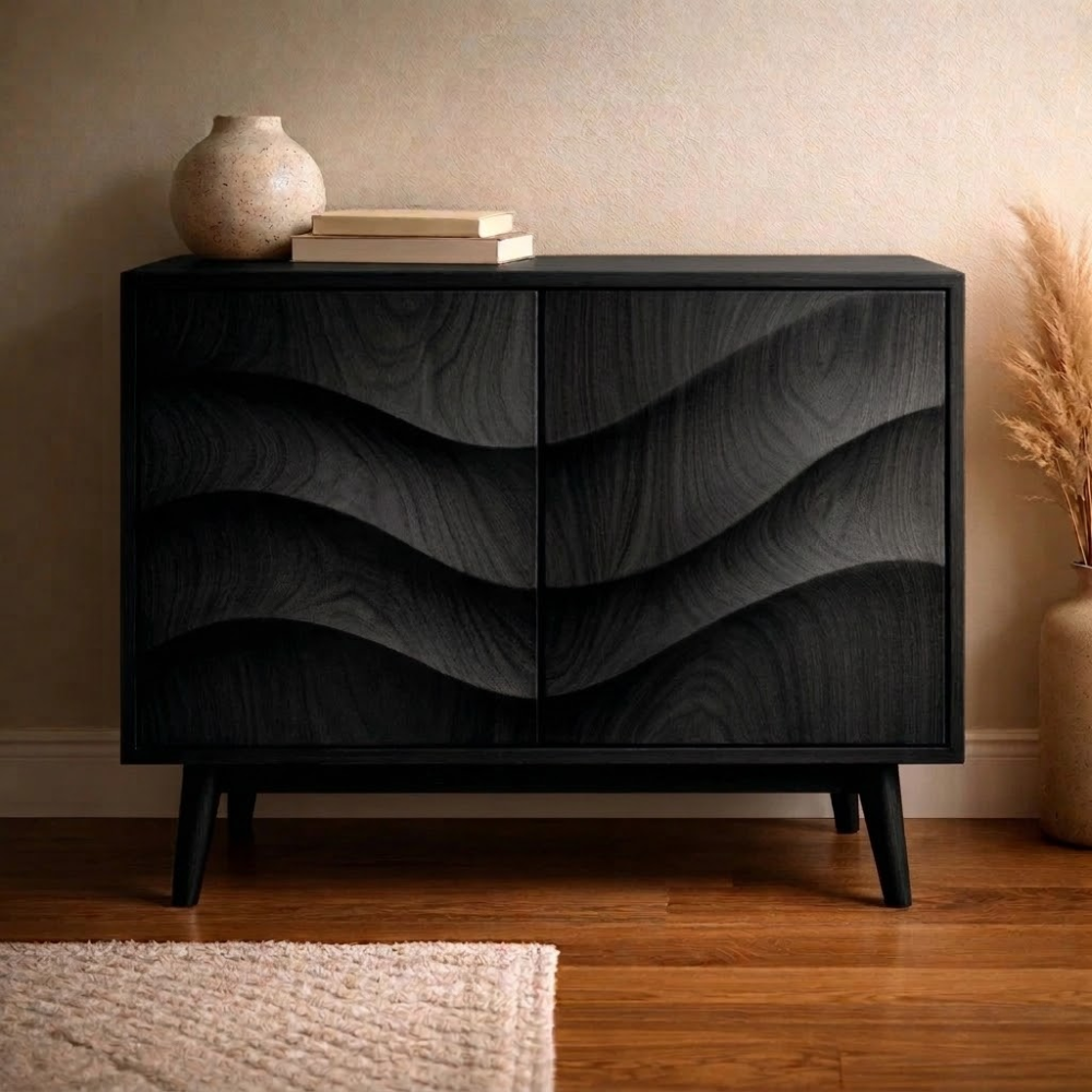 Wave-Design Solid Wood Console Cabinet - Mid-Century Modern Storage