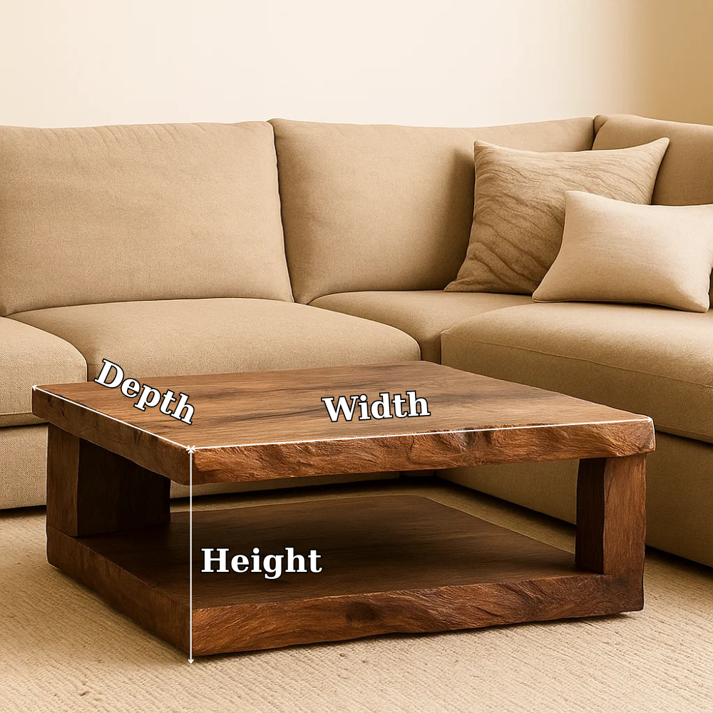 Handcrafted Solid Wood Coffee Table – Rustic Square Design with Natural Texture and Shelf Kitchnce