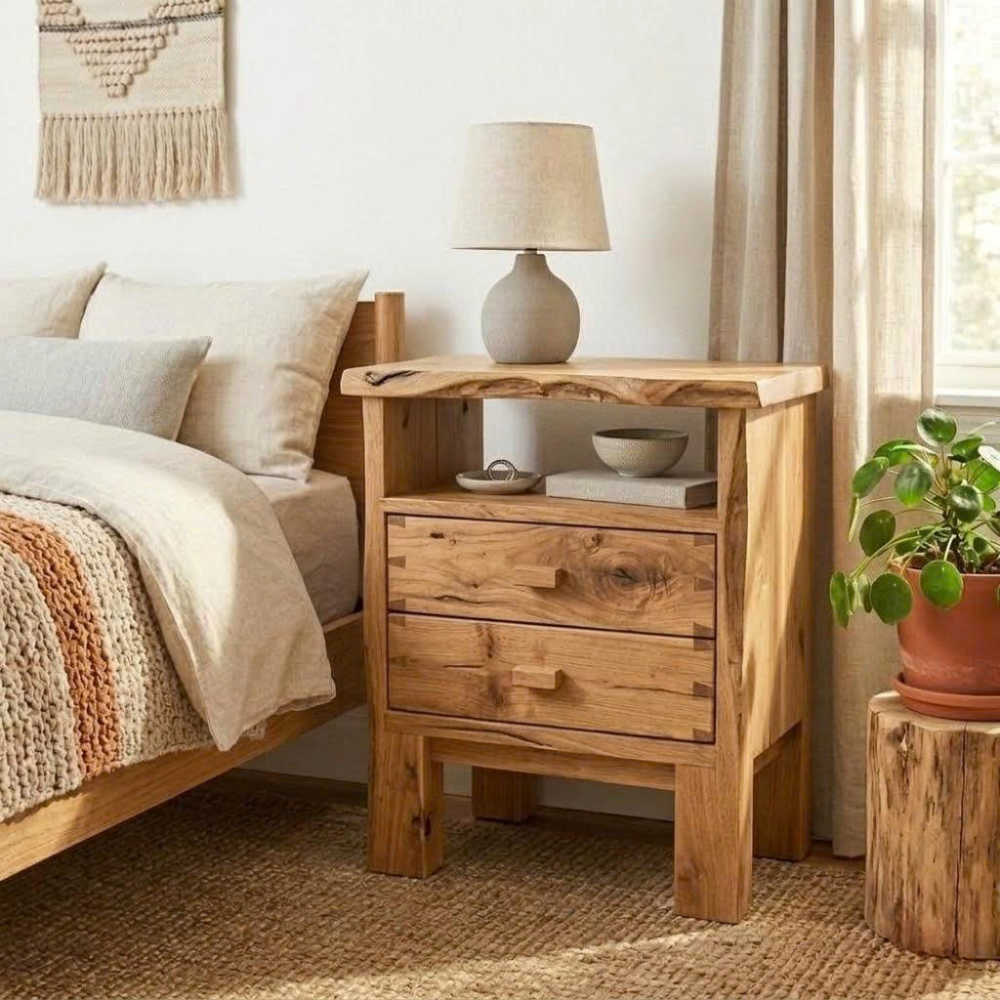 Solid Live Edge Nightstand - Rustic Table with Open Shelf and Wood Handles