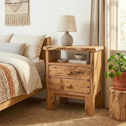 Solid Live Edge Nightstand - Rustic Table with Open Shelf and Wood Handles