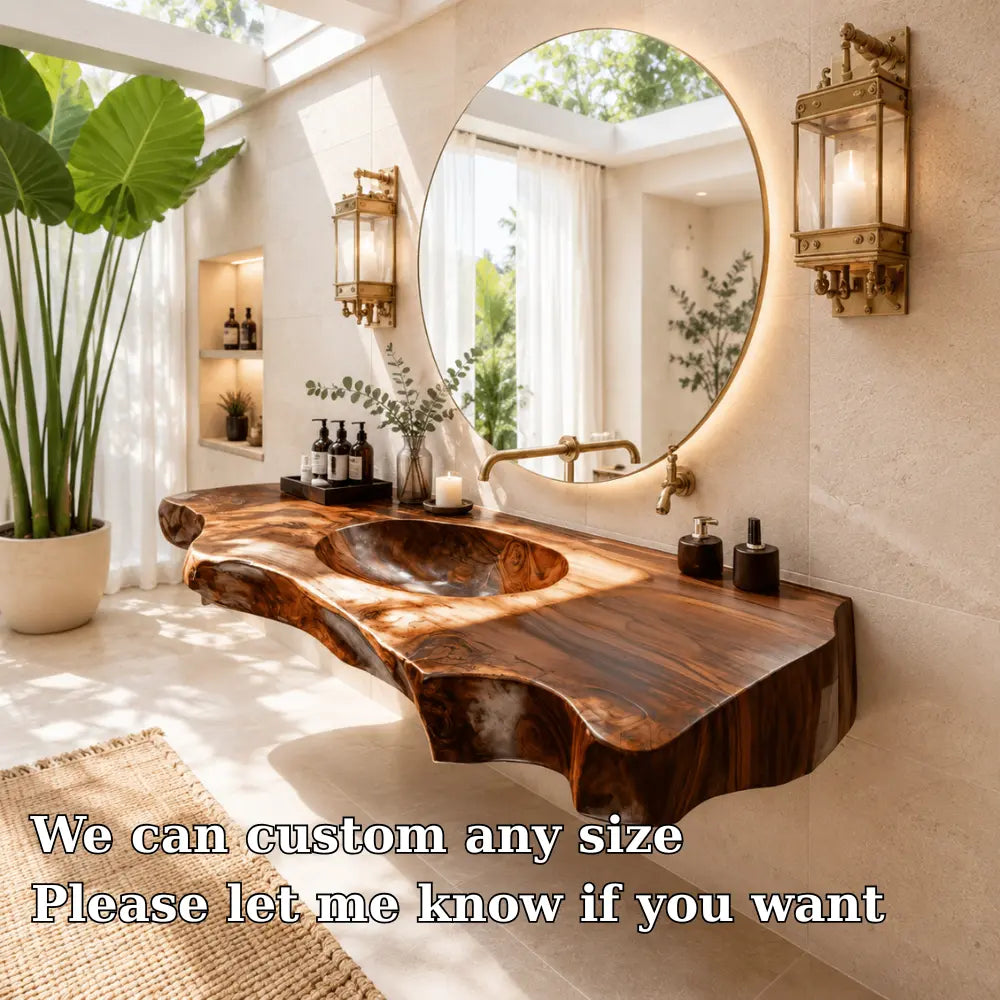 Luxury Live Edge Wood Sink Vanity | Wide Slab Solid Wood Floating Bathroom Kitchnce