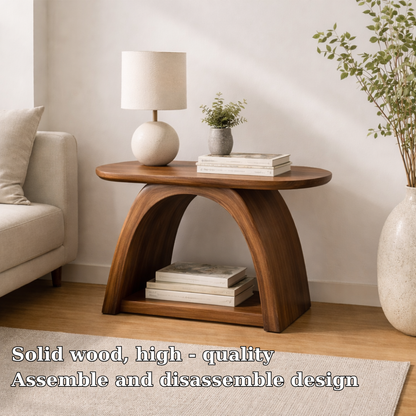Solid Wood Curved Arch End Table with Shelf – Modern Walnut Side Table for Living Room Kitchnce