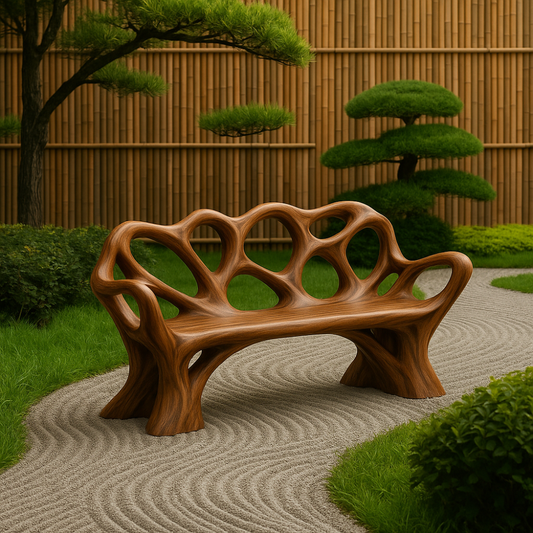 Handcrafted Solid Wood Bench with Backrest – Artistic Organic Design for Garden or Patio Kitchnce