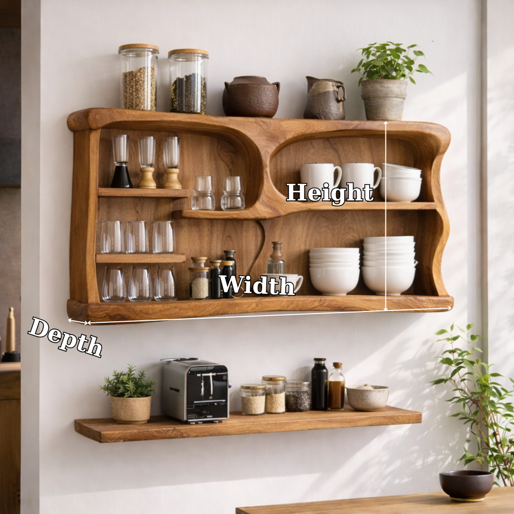 Solid Wood Kitchen Cabinet Shelf – Modern Open Wall Storage with Curved Design