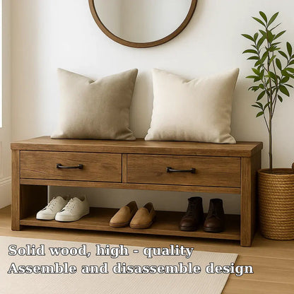 Handcrafted Solid Wood Bench – Rustic Walnut Entryway Shoe Bench with Drawers and Storage Shelf Kitchnce