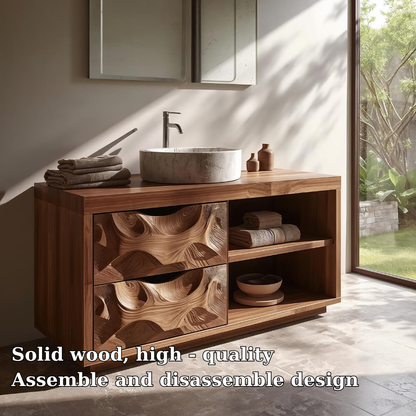 Carved Solid Wood Bathroom Vanity with Storage – Modern Wall-Mounted Unit