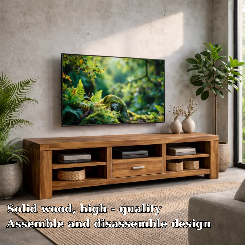Solid Wood TV Stand with Open Shelves and Drawer – Modern Living Room Media Console Kitchnce