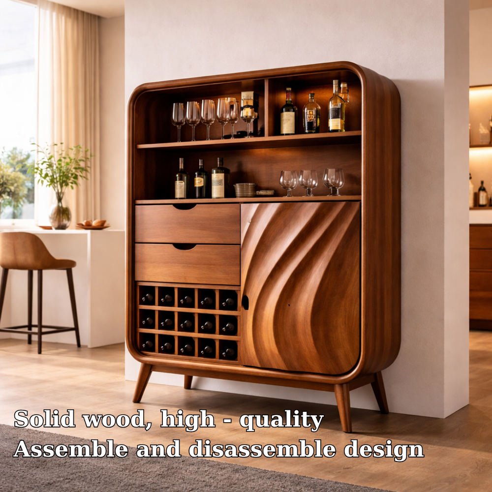 Solid Wood Bar Cabinet with Wine Rack & Curved Frame – Mid Century Modern Liquor Cabinet