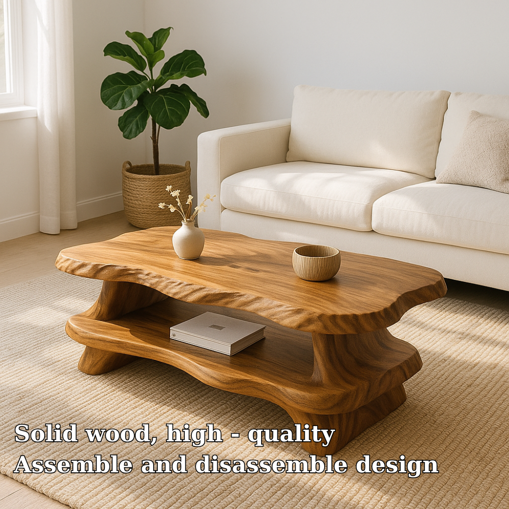 Handcrafted Solid Wood Coffee Table – Organic Live-Edge Design with Sculpted Double Shelf Kitchnce