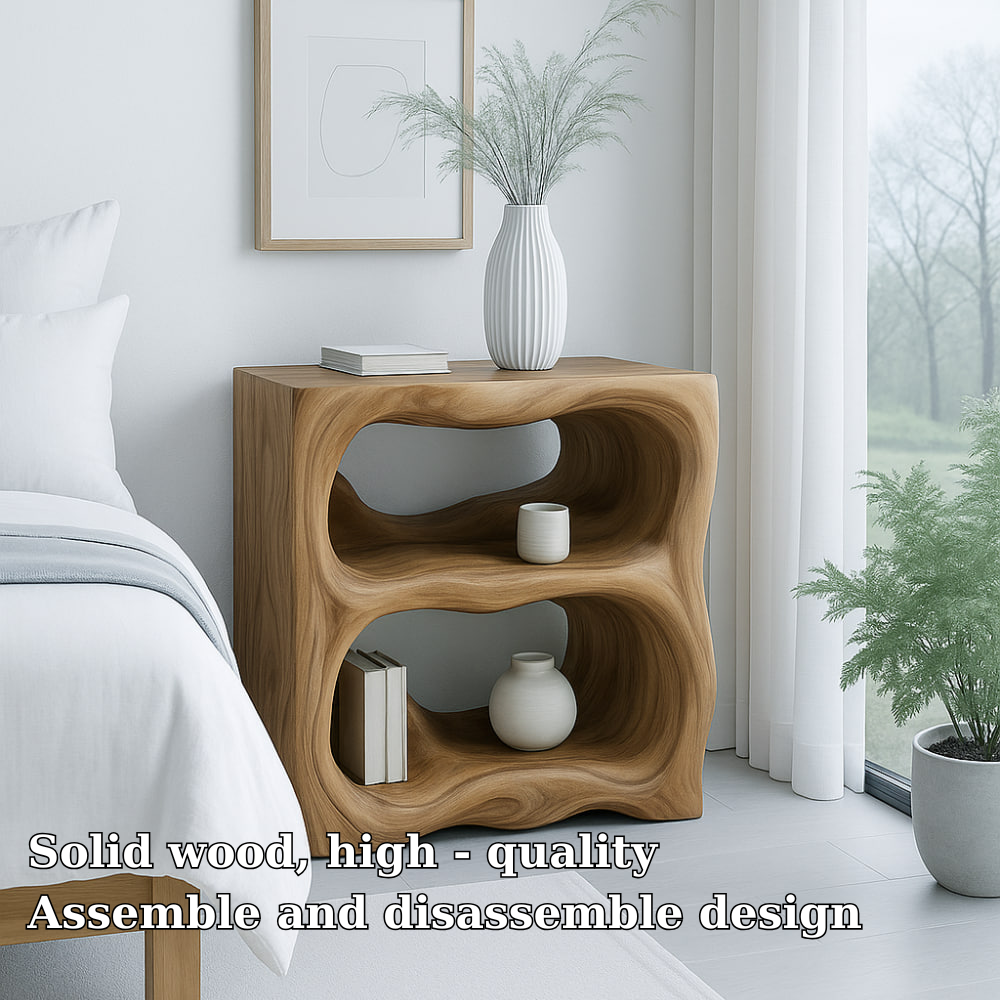 Handcrafted Solid Wood Nightstand – Sculptural Organic Bedside Table with Open Shelves Kitchnce