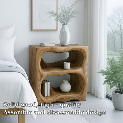 Handcrafted Solid Wood Nightstand – Sculptural Organic Bedside Table with Open Shelves Kitchnce