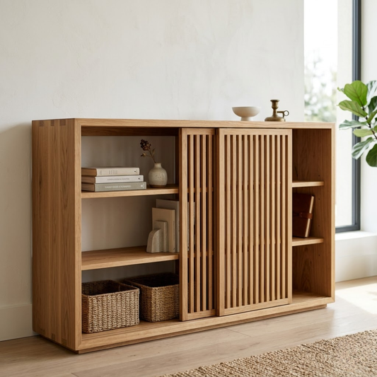 Solid Oak Console Cabinet with Sliding Slatted Doors – Modern Storage Sideboard
