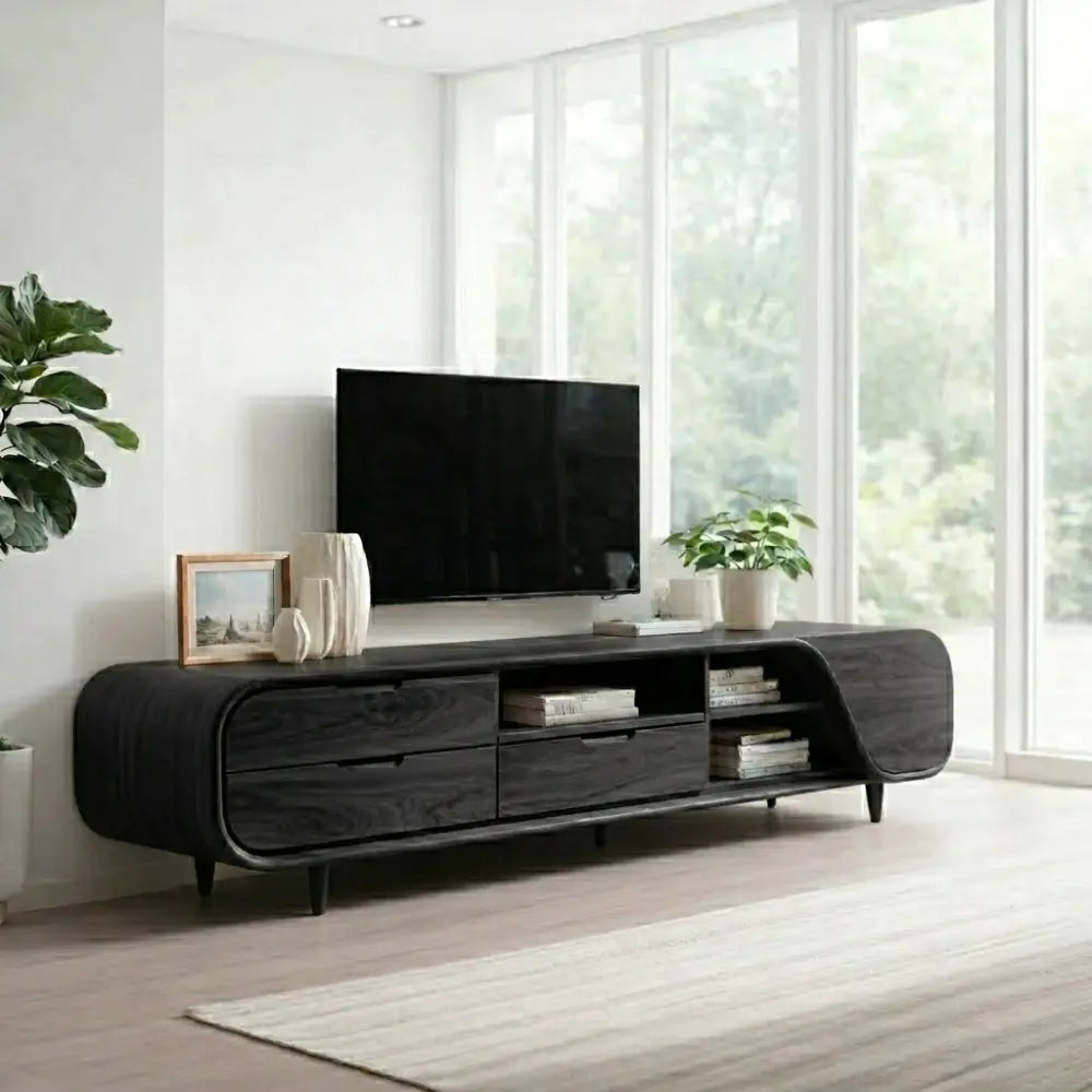 Solid Wood TV Cabinet Modern Curved Media Console with Drawers Kitchnce