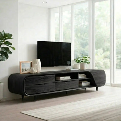 Solid Wood TV Cabinet Modern Curved Media Console with Drawers Kitchnce