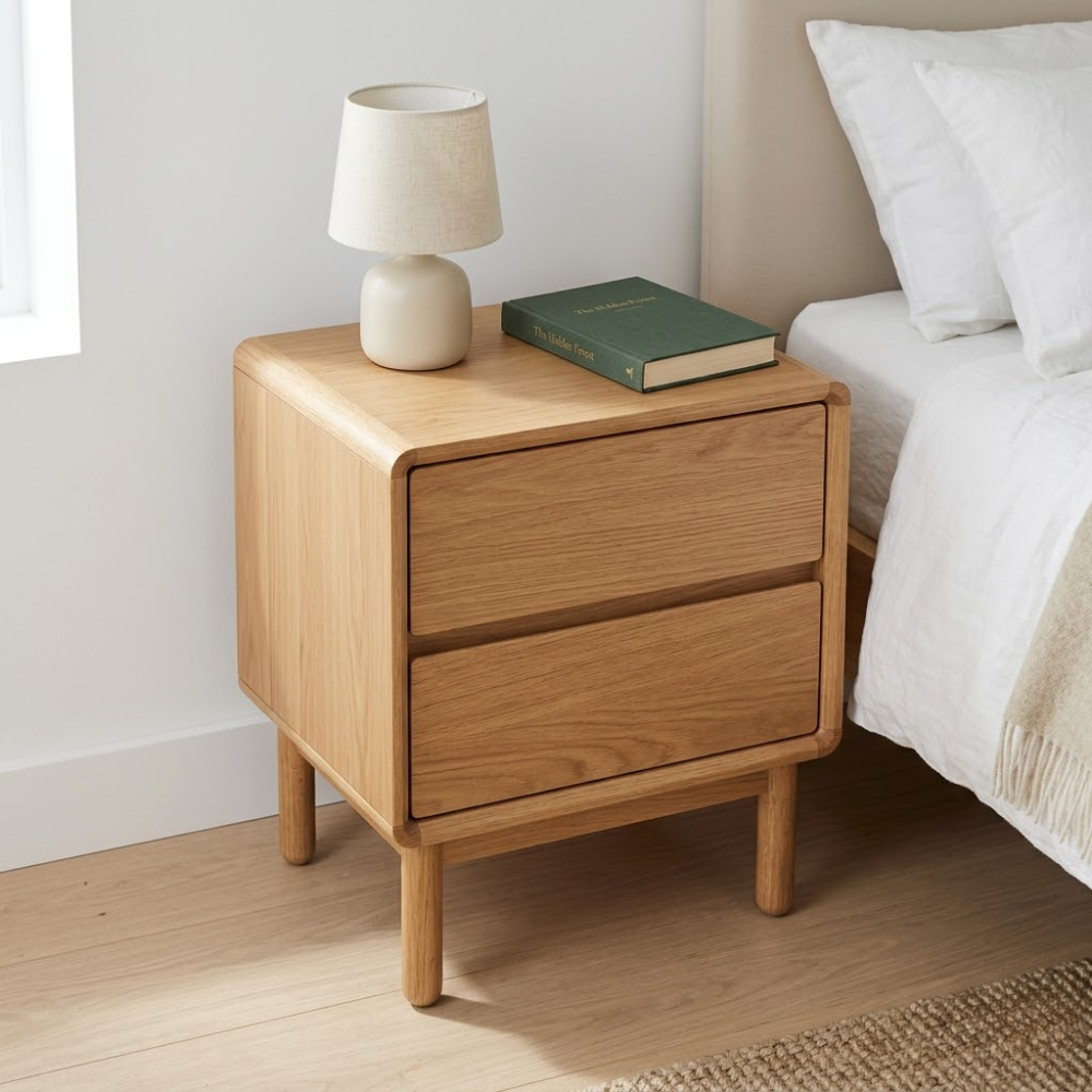 Solid Nightstand - Minimalist Mid-Century Modern Bedside Table with Drawers