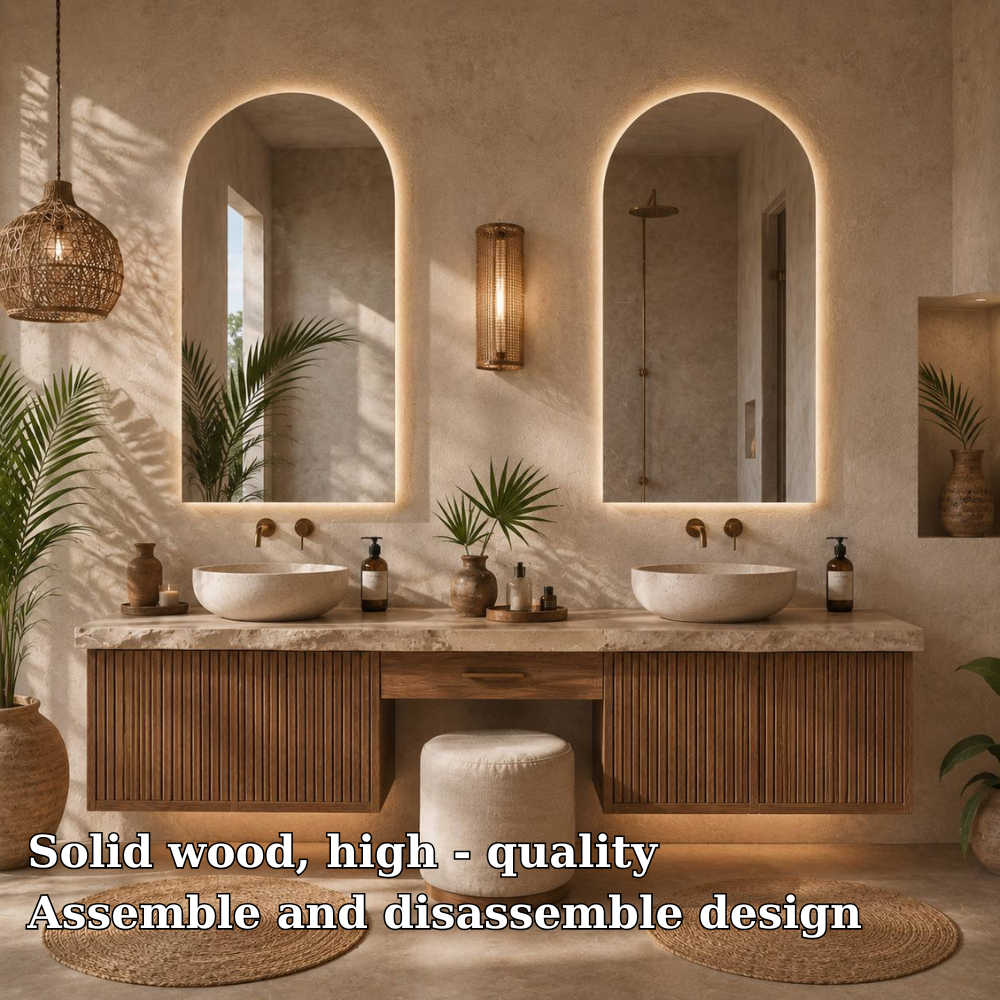 Double Sink Floating Vanity with Makeup Station, Fluted Wood Bathroom Cabinet