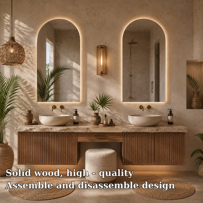 Double Sink Floating Vanity with Makeup Station, Fluted Wood Bathroom Cabinet