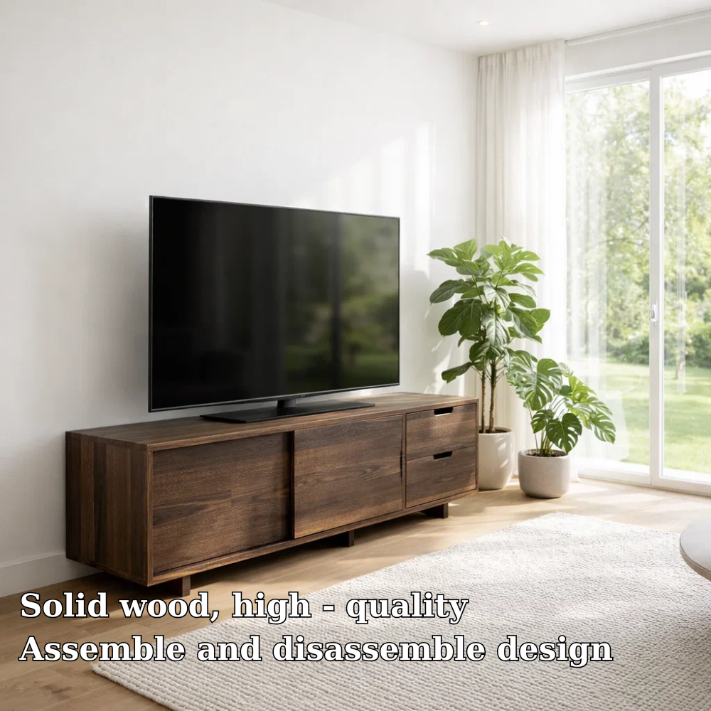 Solid Wood TV Console with Sliding Doors & Drawers – Modern Media Stand