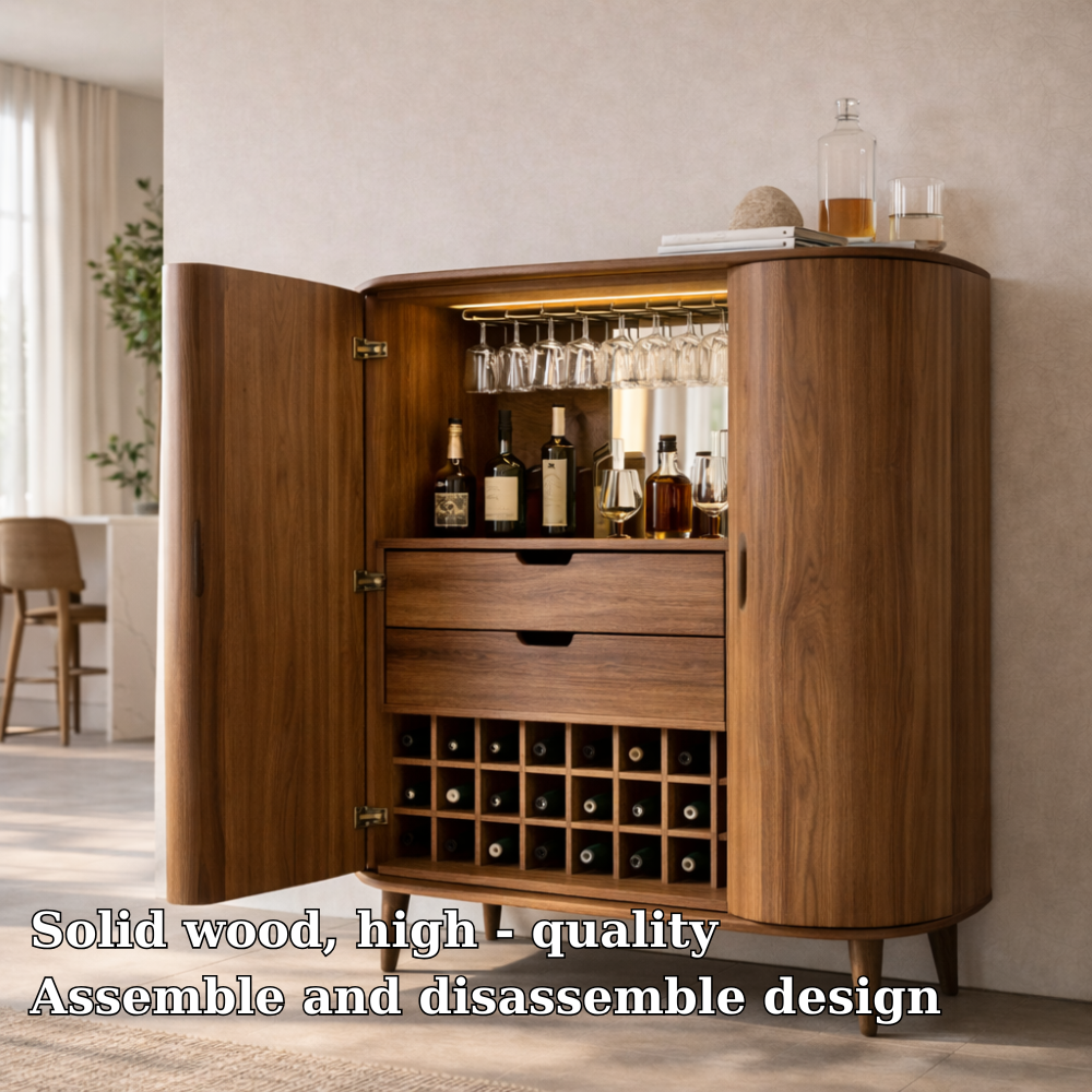 Solid Wood Bar Cabinet with Wine Rack, Glass Holder & Drawers – Modern Home Liquor Storage